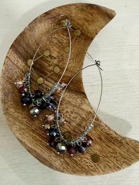 ✨ Multicolor Crystal Beaded Hoop Earrings Purple Pink Silver Tone Dangle ✨